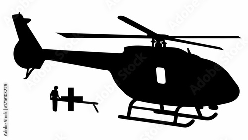 Silhouette illustration of a helicopter with rotor blades and a person near a medical cross symbol scene