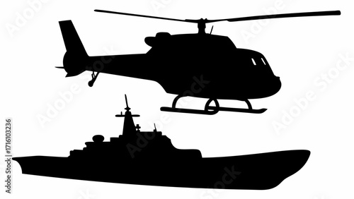 Silhouette depiction of a helicopter flying above a warship on a white background in a simple graphic style