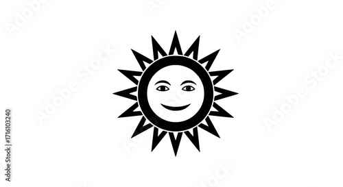 Sun with joyful expression black white icon