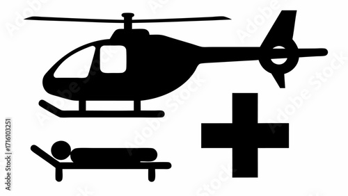 Illustration of a medical helicopter above a patient on a gurney next to a medical cross symbol