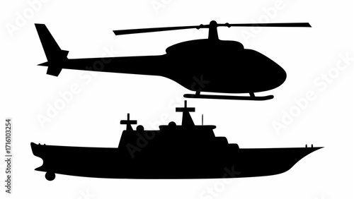 Silhouette of a helicopter in flight above a ship at sea on a white background in a simple illustration
