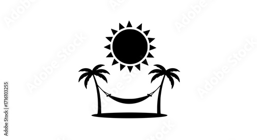Hammock hanging between palms black white icon