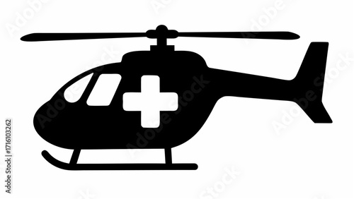 A black silhouette of a medical helicopter with a white cross on its side and rotor blades visible