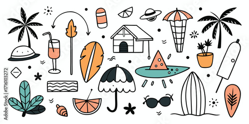 Whimsical summer beach icons collection fun tropical vacation graphics collection