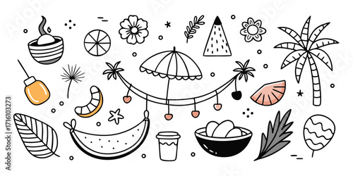 Whimsical summer beach vacation icons and decorations for a tropical getaway