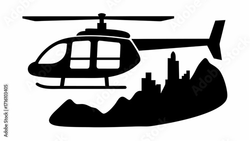 Silhouette of a helicopter flying over a mountain range and a cityscape in a black and white illustration