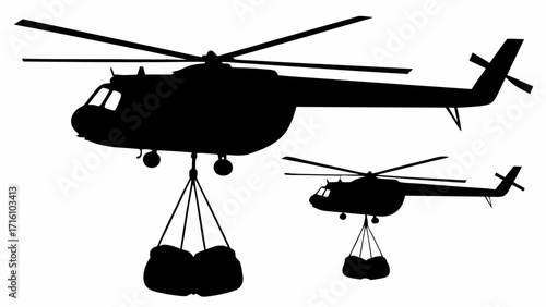 Silhouette illustration of two helicopters carrying cargo suspended by ropes against white background