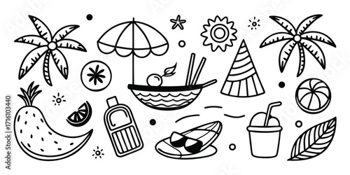 Doodle summer beach vacation tropical palm trees umbrella drink flip flop sun symbols
