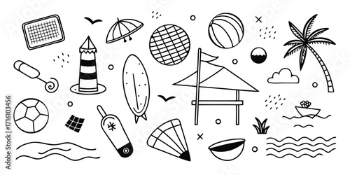 Doodle collection of summer beach elements including lighthouse palm tree surfboard and beach umbrella