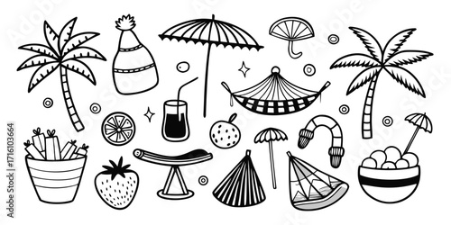 Doodle collection of summer beach vacation icons for tropical getaway fun