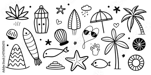 Whimsical hand-drawn summer beach elements tropical vacation icons and seaside symbols collection