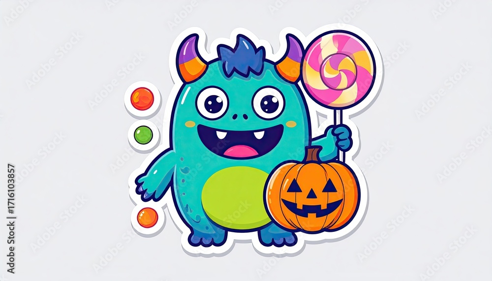 Fototapeta premium Cute Halloween monster cartoon, funny Halloween sticker design, adorable Halloween creature with pumpkin and candy, Cute Halloween Monster with Pumpkin and Lollipop, Halloween sticker packs