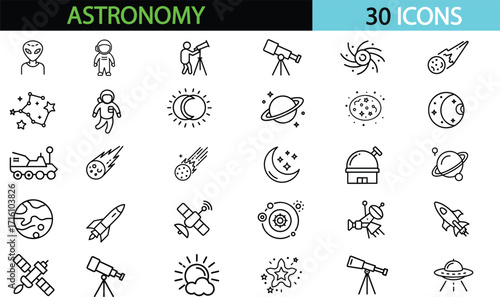 Astronomy icon set. containing icons related to space and astronomy. Editable stroke. Vector illustration transparent
