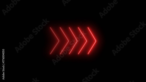Neon arrow line bright movement red color 4k illustration. black background 4k illustration.