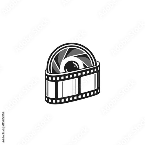 Black and white illustration of a film reel with a camera lens, symbolizing photography and cinema