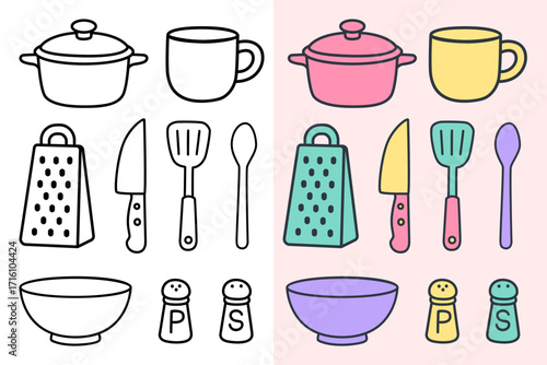 A cute doodle collection of kitchen utensils and cookware, including a pot, knife, grater, and bowl, presented as an icon set in both black and white outline and colorful pastel