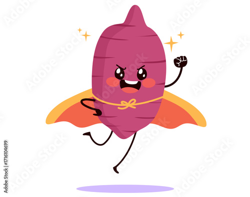 A cartoon illustration showing a strong super hero sweet potato isolated on white background, representing healthy eating, nutrition, organic farming and comic characters