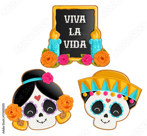 Day of the Dead Cookies Collection – Sugar Skull Biscuits and Altar with Flowers Viva La Vida Illustration
