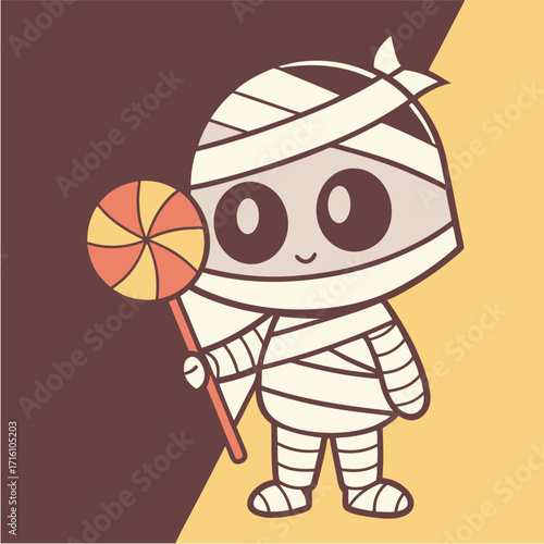 Cute cartoon mummy character holding a lollipop with a split background halloween