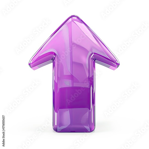 A glossy, purple arrow pointing upwards, rendered in 3D against a white background, showcasing a translucent, glass-like texture