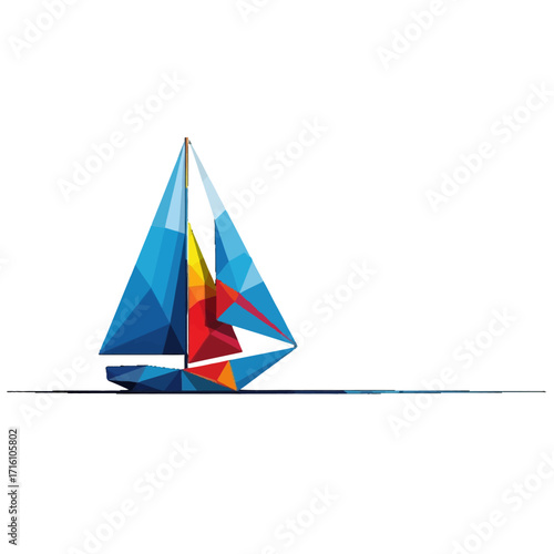Colorful geometric sailboat gliding across calm waters with a clear sky in the background