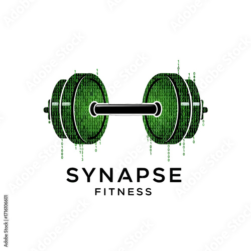 Digital illustration of a green dumbbell with binary code, symbolizing fitness technology and innovation