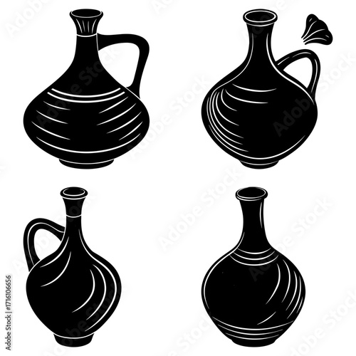 Four black and white illustrations of vases with handles and decorative lines on a white background