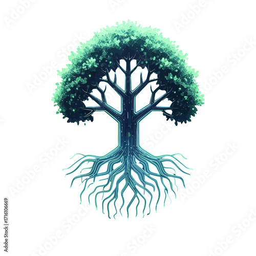 Digital illustration of a vibrant tree with circuit-like roots, symbolizing technology and nature harmony