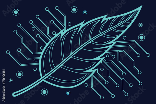 Feather Shape Made Of Circuit Board Lines And Circles On Dark Blue Background technology digital