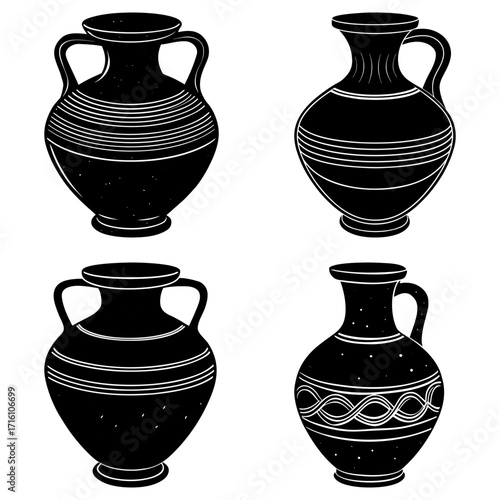 Illustration of four black and white antique vases with handles and decorative lines and shapes on a white background