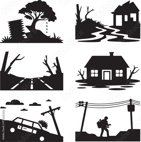 Disaster scenes showing destruction and loss