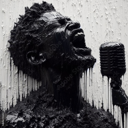 An expressive figure singing with passion against a textured white background