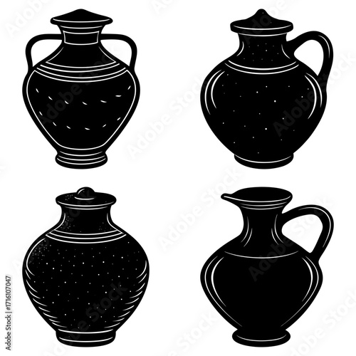 A collection of four different shaped black pottery vases with handles and lids on a white background