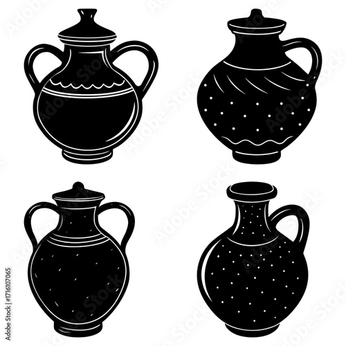 Four black and white drawings of vases with handles and lids in varying shapes and sizes on white background
