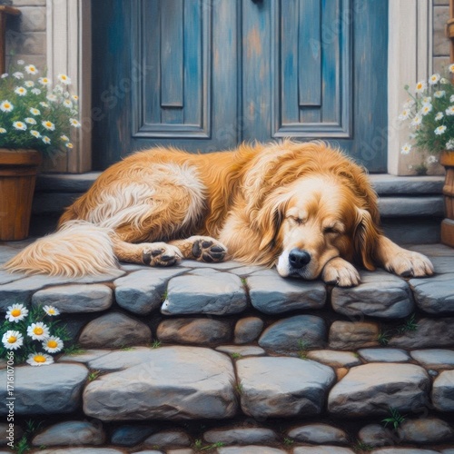 A golden retriever peacefully naps on a rustic stone porch surrounded by flowers.