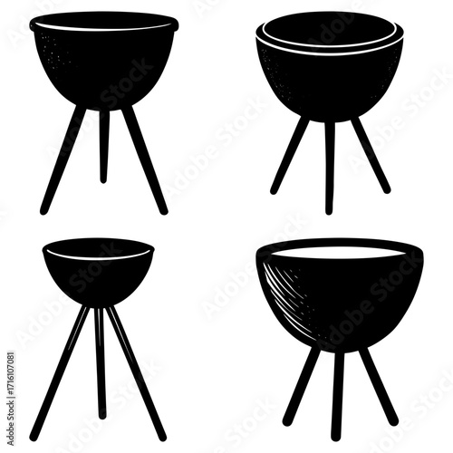 Illustration of four planters with three legs in black and white simple design and different bowl shapes