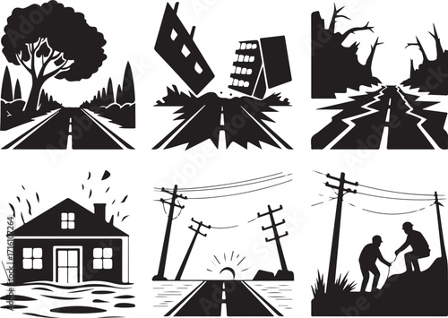 Disaster scenes show destruction, resilience, and hope