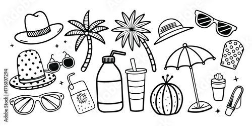 Whimsical doodle collection of summer beach essentials and tropical vacation items