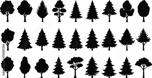 Large Tree Silhouette Collection in Vector Format Featuring Diverse Foliage, Shapes, and Species for Nature, Landscape, Botanical, and Artistic Design