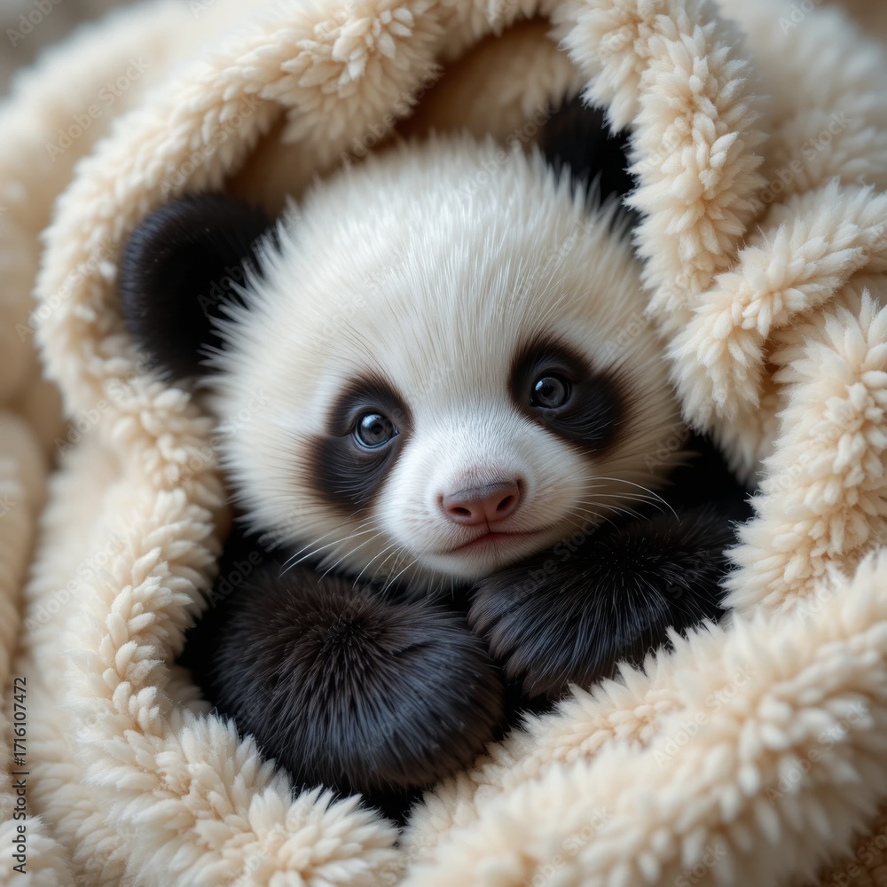 Obraz premium Adorable panda cub snuggled in soft blanket radiating warmth and comfort effortlessly