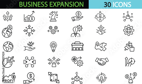 Business Expansion line editable icon set. Contains related icons for growth, Expansion Strategy system. Editable stroke. Vector illustration transparent