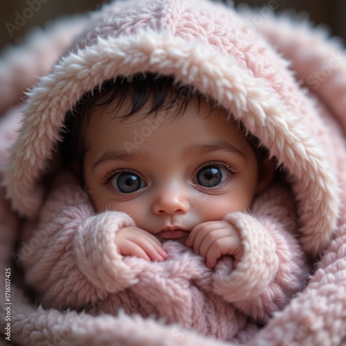 A sweet little one wrapped in a soft pink blanket exuding warmth and innocence