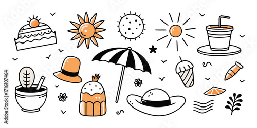 Charming summer doodle collection featuring beach hat sun ice cream and beach umbrella