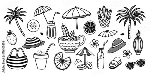 Whimsical hand-drawn beach and summer elements for tropical vacation vibes