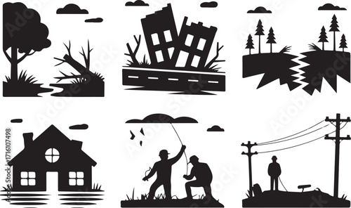 Disaster icons showing damage and rescue efforts