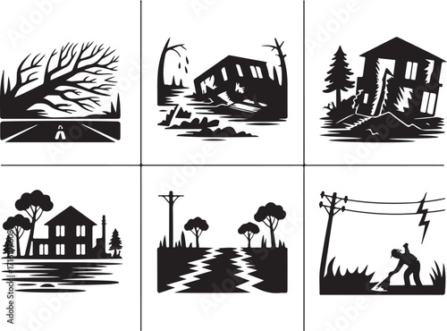 Disaster scenes show broken trees, houses, and power lines