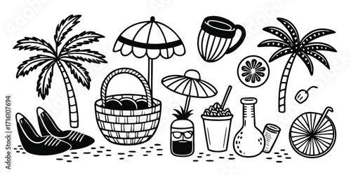 Summer beach icons set tropical palm trees umbrella drinks picnic basket and more fun graphics