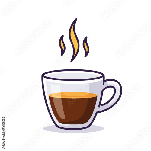 A cartoon illustration of a clear glass cup filled with hot espresso coffee, showing a rich brown liquid and a golden crema layer, with steam rising above it.