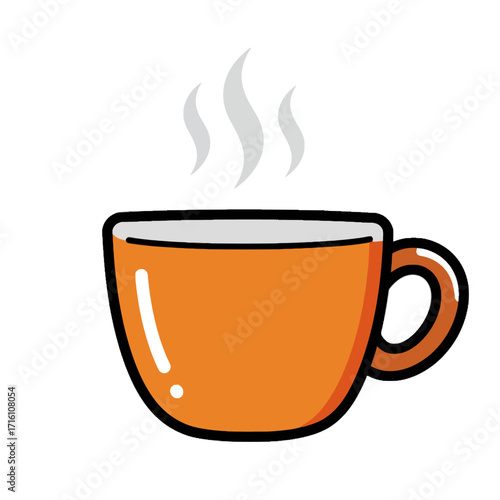 An orange coffee cup with steam rising, a simple cartoon illustration on a white background.