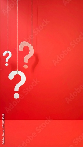 White Question Marks Hanging Red Background Inquiry Concept, Generated image